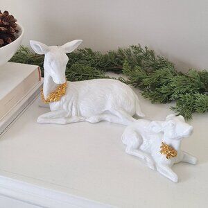 Vintage White Deer Reindeer Porcelain Mom Baby Gold Accent (not brass ) 2 statue